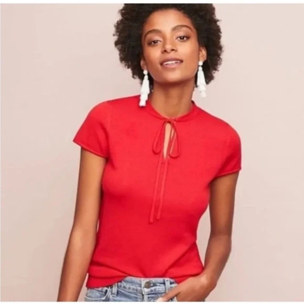 Anthropologie Ett Twa Red Tie-Neck Merino Red Sweater Top Sz XS Casual Holiday